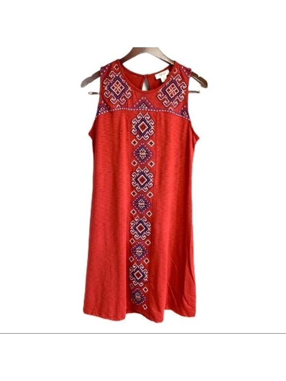 Style & Co Womens Red Embroidered Sleeveless Shift Dress Boho Geometric Small
